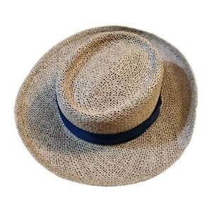 Vintage Turner Hats Company Tan Natural Fiber Hat Blue Fabric Band One Size
